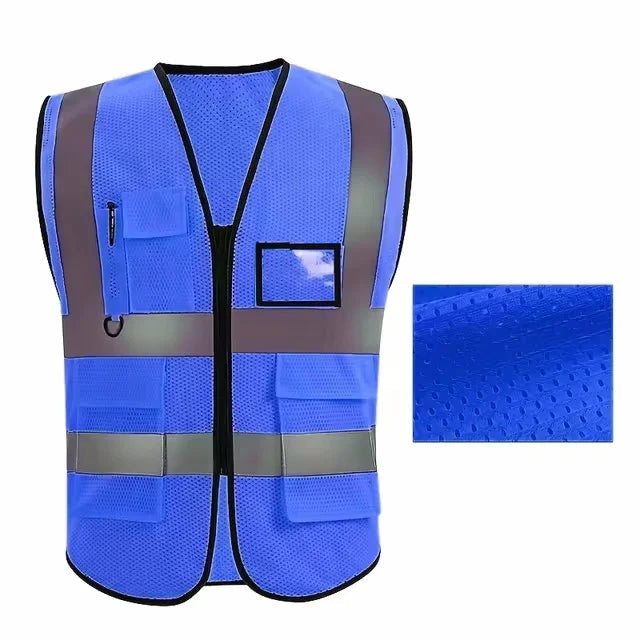 Gilet de sécurité unisexe d'été avec poches et fermeture éclair, matériau en maille durable, idéal pour les travailleurs de la construction en extérieur