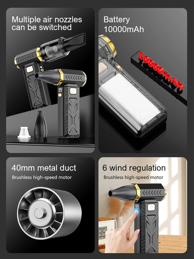 Puissant souffleur d'air, batterie 10 000 mAh, aspirateur à poussière. Mini ventilateur turbo à jet 400 000 tr/min