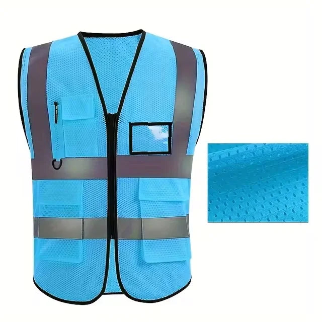 Gilet de sécurité unisexe d'été avec poches et fermeture éclair, matériau en maille durable, idéal pour les travailleurs de la construction en extérieur