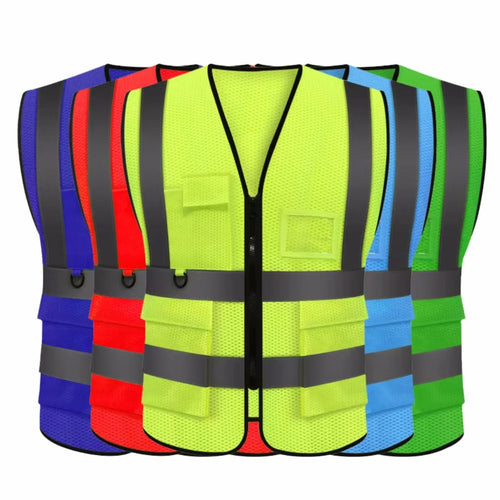 Gilet de sécurité unisexe d'été avec poches et fermeture éclair, matériau en maille durable, idéal pour les travailleurs de la construction en extérieur