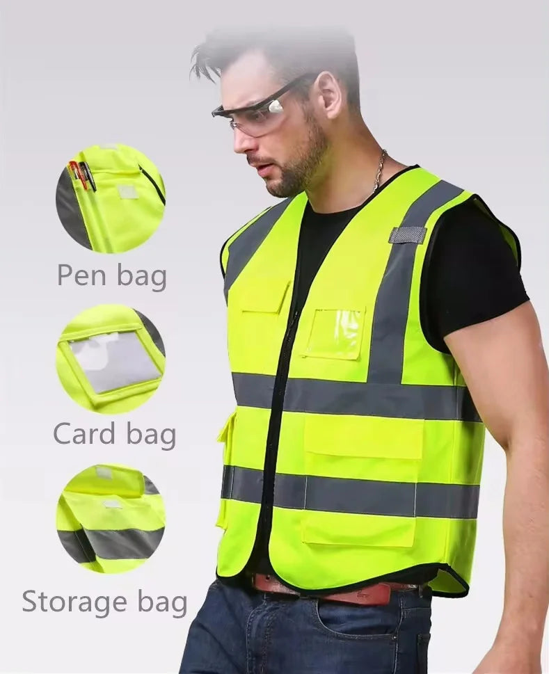 Gilet de sécurité unisexe d'été avec poches et fermeture éclair, matériau en maille durable, idéal pour les travailleurs de la construction en extérieur