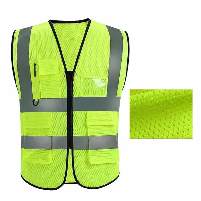 Gilet de sécurité unisexe d'été avec poches et fermeture éclair, matériau en maille durable, idéal pour les travailleurs de la construction en extérieur