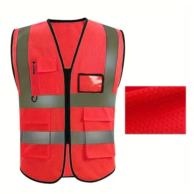 Gilet de sécurité unisexe d'été avec poches et fermeture éclair, matériau en maille durable, idéal pour les travailleurs de la construction en extérieur