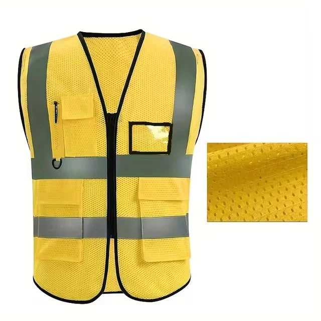 Gilet de sécurité unisexe d'été avec poches et fermeture éclair, matériau en maille durable, idéal pour les travailleurs de la construction en extérieur
