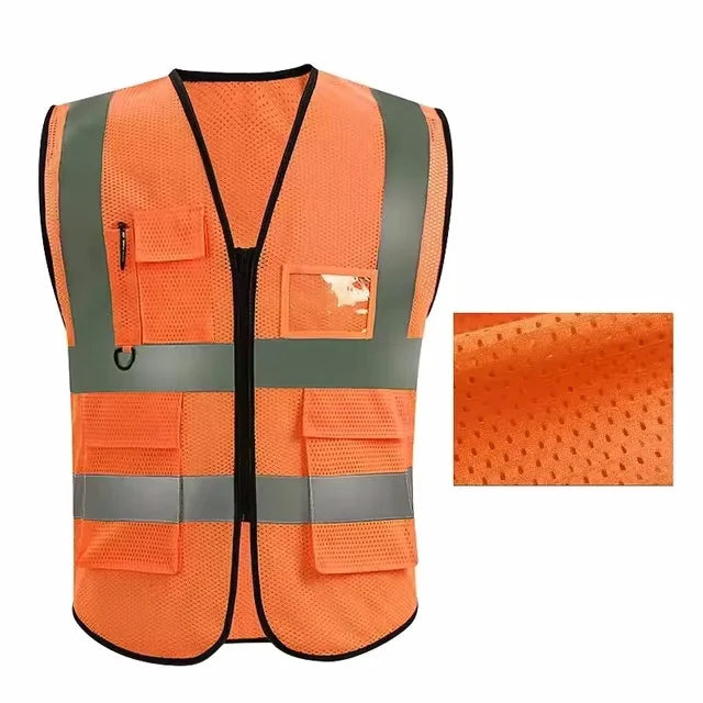 Gilet de sécurité unisexe d'été avec poches et fermeture éclair, matériau en maille durable, idéal pour les travailleurs de la construction en extérieur